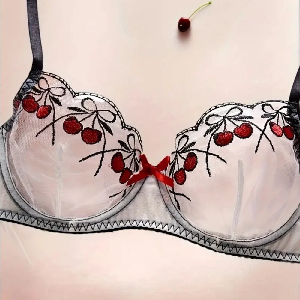 Cherry Embroidered Lingerie Set, Black, Red & White, NEW, 3 pcs. - Picture 4 of 9